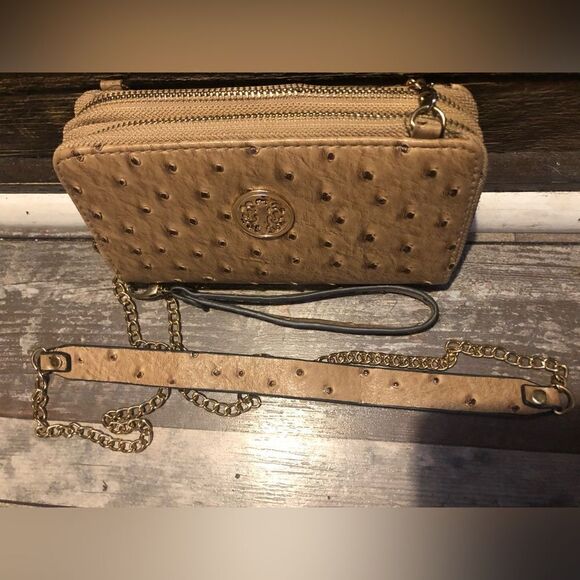 Tan clutch/wristlet with check book and card holder and 2 zipper sides - Picture 3 of 4